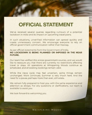 We’ve taken the time to verify this carefully through official government statements.

There is no lockdown being planned or imposed in the near future, and there are no restrictions affecting travel or stays.
Everything at Whispering Woods continues as scheduled.

If you’ve been meaning to take that break, nothing has changed.
Except maybe the reminder that you need it.

For any questions, our team is here to help.

.
.
.
.

#lockdownindia #resortsnearmumbai
